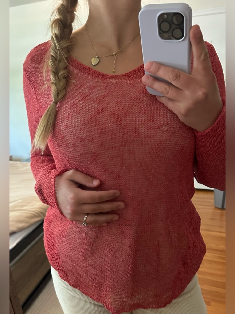 EILEEN FISHER Open Weave Pullover in Coral Pink size large